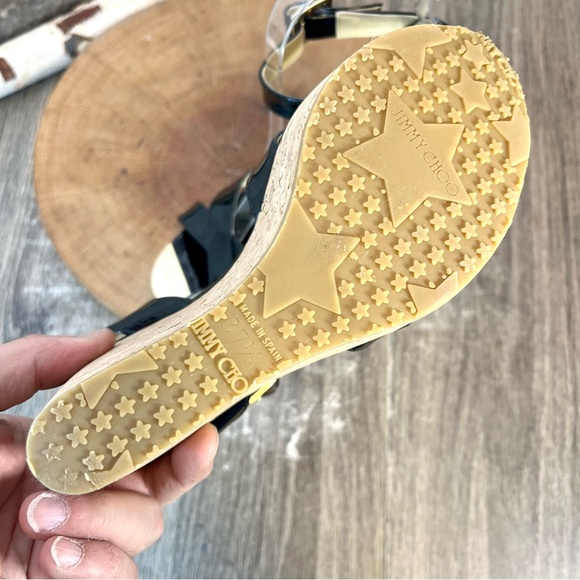 *Jimmy Choo | Papyrus Black Patent Leather Cork Wedge Platform Sandals Size37.5 - Picture 12 of 16